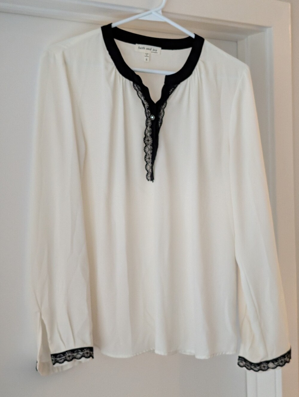 Faith And Joy White Long Sleeve Blouse with Black Lace Trim - One Of A Kind!